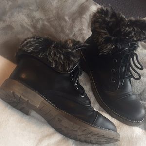 Black faux fur lined combat boots